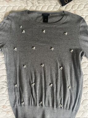 Ann Taylor Gray Pearl-Embellished Crewneck Sweater